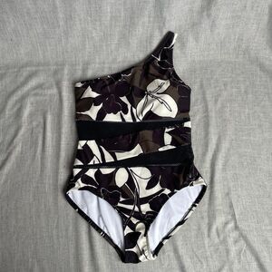 Carmen Marc Valvo One Piece Swimsuit Floral Black White Green Women's Size 8